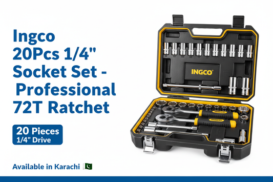 Ingco 20Pcs 1/4 inch Socket Set - Professional 72T Ratchet Available in Karachi