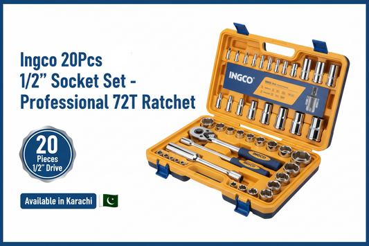 Ingco 20Pcs 1/2 inch Socket Set - Professional 72T Ratchet Available in Karachi