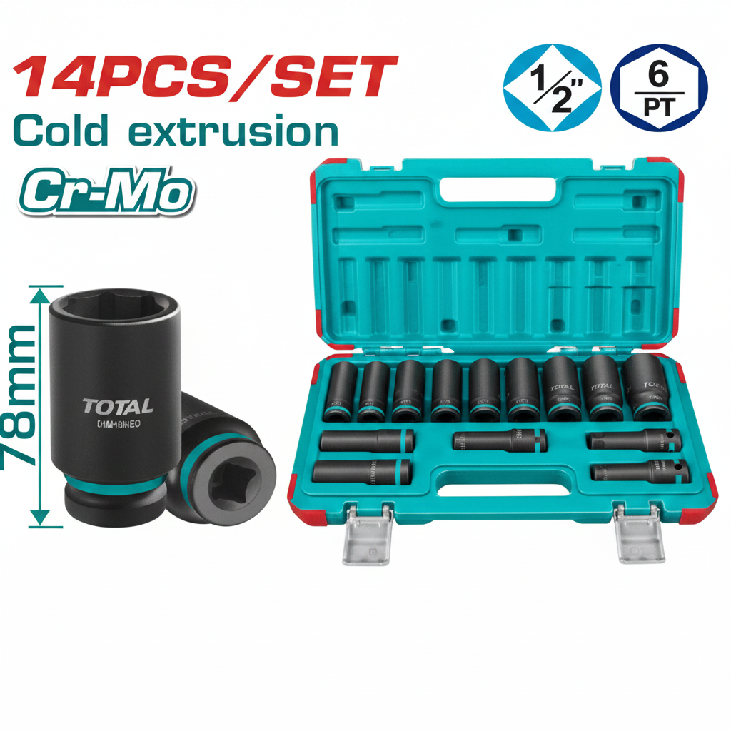 14 Pcs 1/2" Drive Deep Impact Socket Set THKISD12143L – Cr-Mo Steel, 10–27mm, 78mm Deep Reach – Available in Karachi