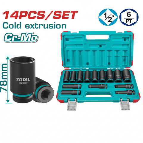 14 Pcs 1/2" Drive Deep Impact Socket Set THKISD12143L – Cr-Mo Steel, 10–27mm, 78mm Deep Reach – Available in Karachi