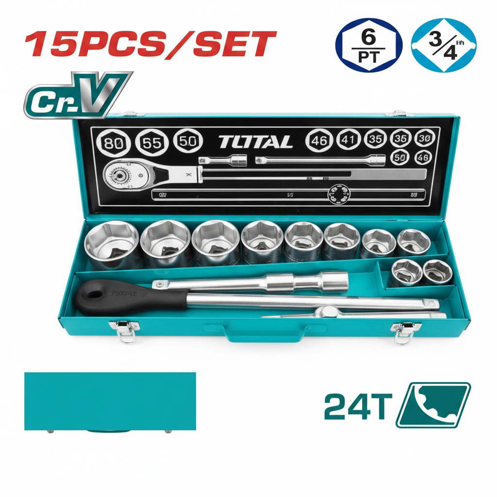15 Pcs 3/4" Socket Set THT341151 – Heavy Duty Cr-V Chrome Vanadium Tool Kit | Buy in Karachi
