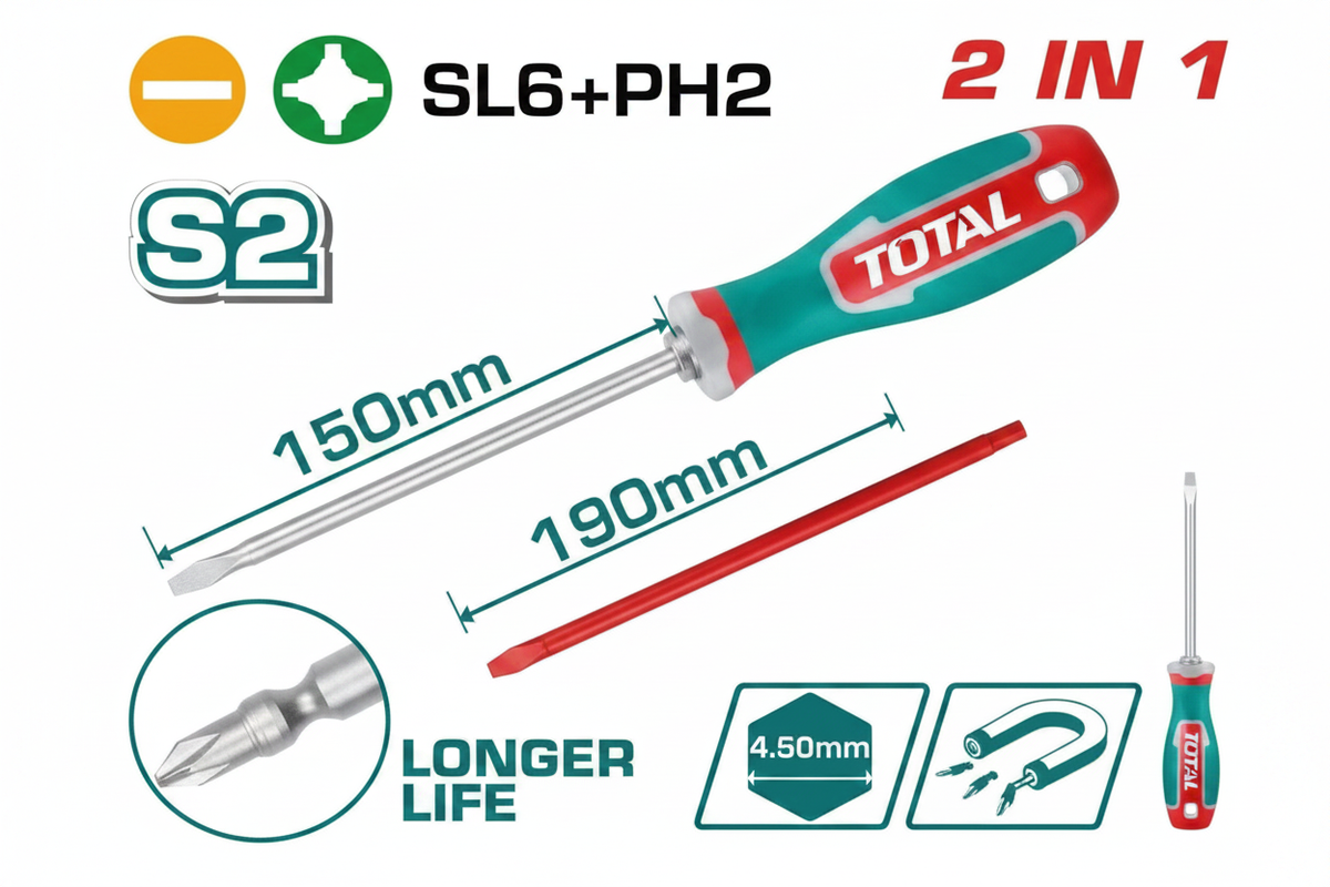 2 in 1 Screwdriver Set THT250266 – PH2 Phillips and SL6 Slotted Dual-Tip S2 Steel Screwdriver available in Karachi | Offers Wala