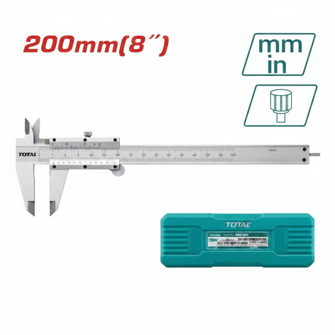 Total TMT312001 Vernier Caliper 200mm (8 inch) with metric and inch scale, locking screw, and teal protective case – buy precision measuring tool in Karachi