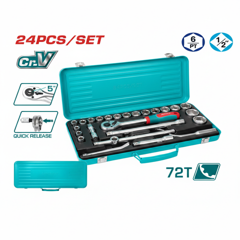 24Pcs 1/2" CRV Socket Set THT141253 with Teal Case – Professional Drive Tool Kit in Karachi