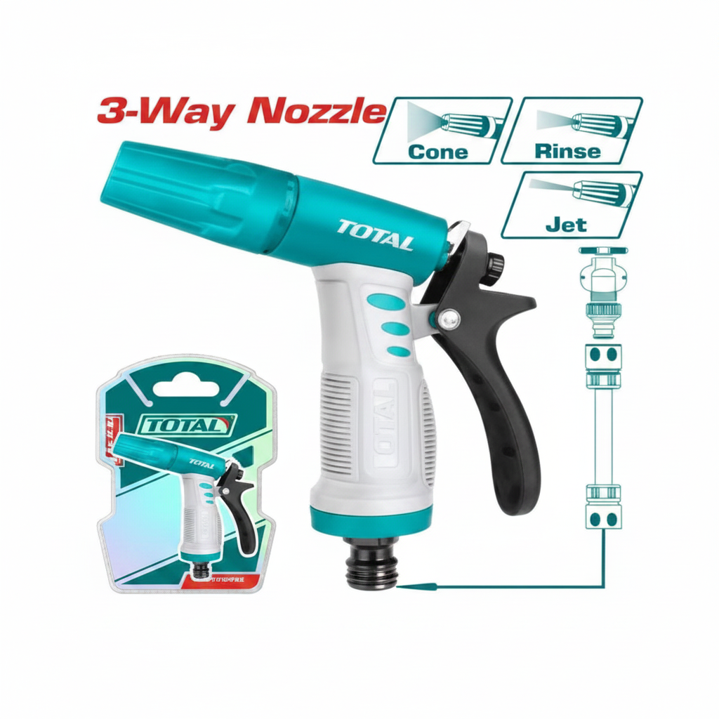 Total 3-Way Plastic Trigger Nozzle Spray Gun – Cone, Rinse & Jet Modes | Garden & Industrial Hose Nozzle in Karachi