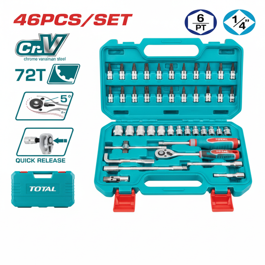 46 Pcs 1/4" Socket Set THT141462 with 72T Ratchet & Metric Sockets – Professional Tool Kit Karachi