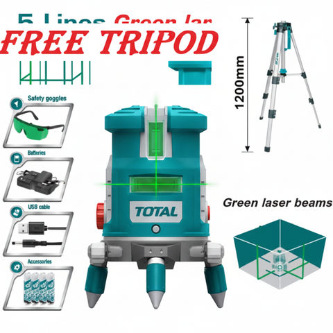 Total TLL305205 5-Line Self-Leveling Green Laser Level with Free Tripod, Safety Goggles, Batteries & USB Cable – Buy in Karachi