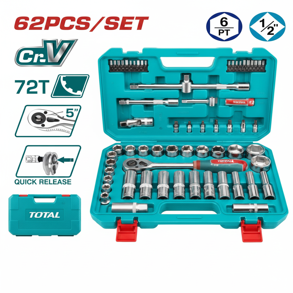 62 Pcs 1/2 Inch Drive Socket Set THT121602 – Professional Chrome Vanadium Tool Kit for Mechanics in Karachi