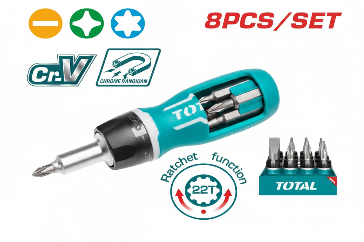 8-in-1 Stubby Ratchet Screwdriver Set TACSDS1726 – Cr-V Steel with 7 Bits | Buy in Karachi