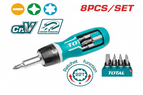 8-in-1 Stubby Ratchet Screwdriver Set TACSDS1726 – Cr-V Steel with 7 Bits | Buy in Karachi