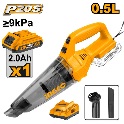 Ingco Cordless Handheld Vacuum Cleaner Kit 20V P20S | 2.0Ah Battery + Charger | 0.5L | ≥9kPa | CVLI20126