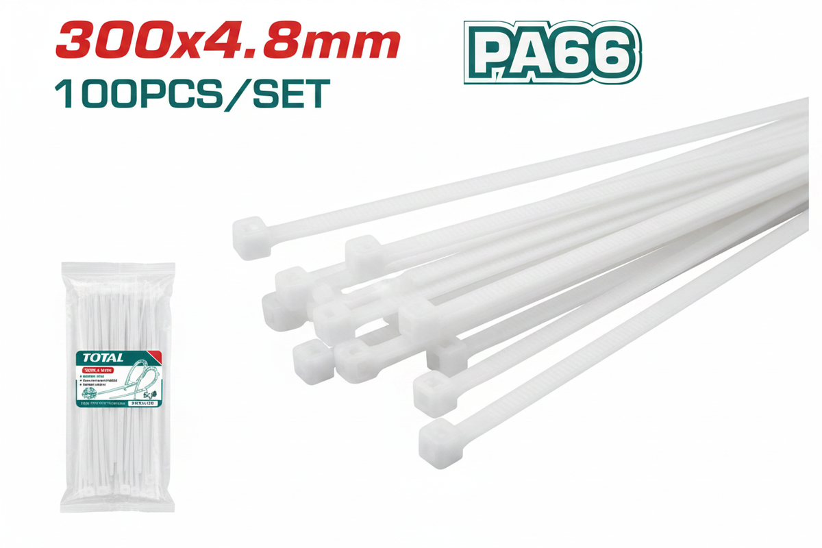 Total PA66 Nylon Cable Ties 300x4.8mm 100pcs Set – Heavy Duty White Zip Ties Karachi