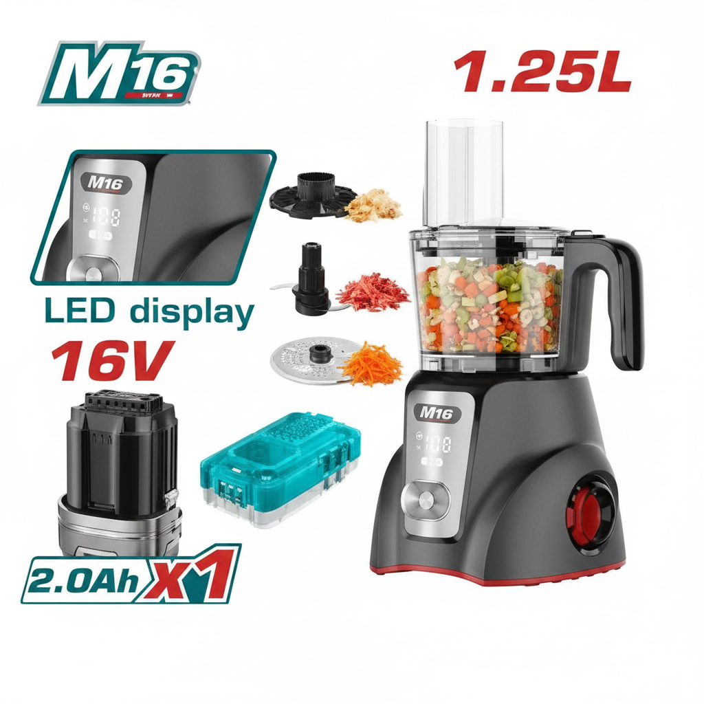 M16 16V Cordless Food Processor 1.25L with LED Display & 2.0Ah Battery – Available in Karachi