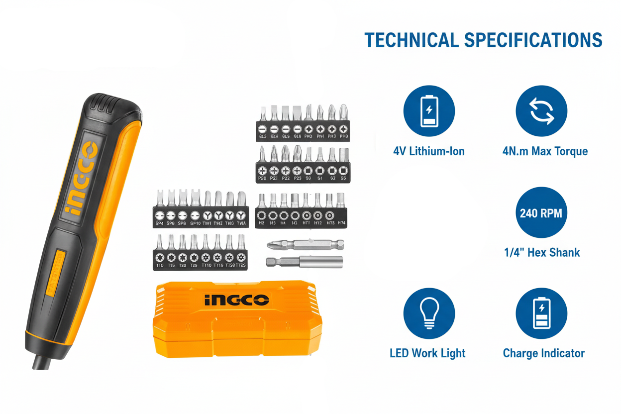 Ingco CSDLI0403 Technical Specifications - 4V Power, 240 RPM, LED Light