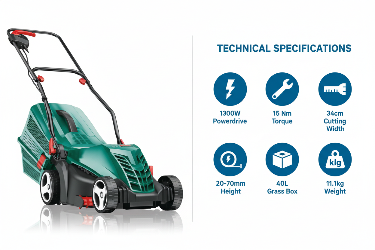 Bosch ROTAK 34 R Technical Specifications - 1300W Power, 34cm Width, 40L Box