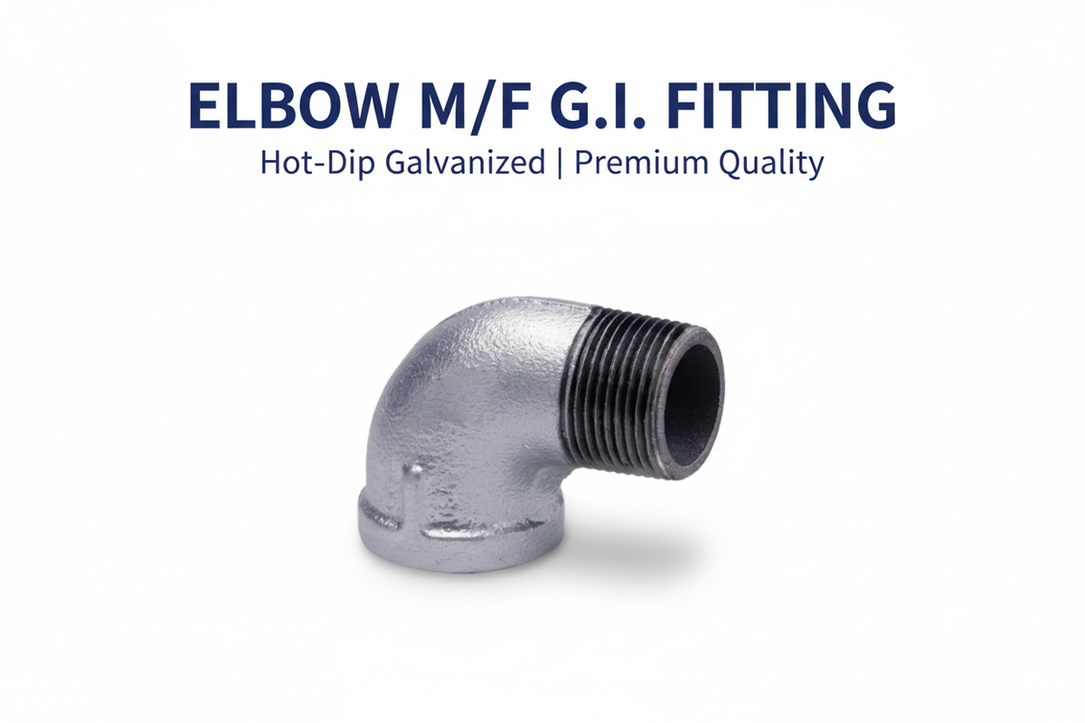 Elbow M/F G.I. Fitting product banner - hot-dip galvanized 90° male/female elbow with BSP threading, available in Karachi Pakistan