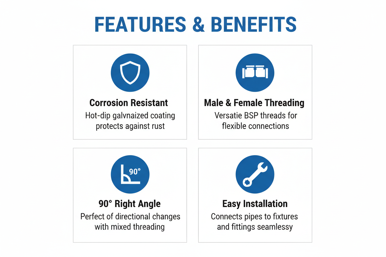 Features and benefits of Elbow M/F G.I. Fitting - corrosion resistant, male & female threading, 90° right angle, versatile connections