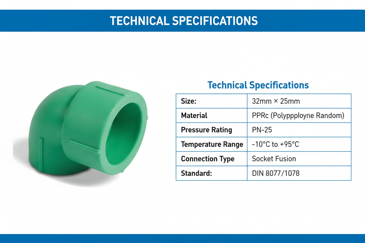 Technical specifications for reducing elbow PPRc 32mm×25mm PN-25