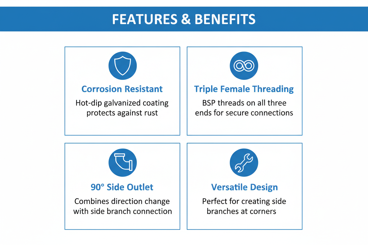 Features and benefits of G.I Fitting Side Elbow - corrosion resistant, triple female threading, 90° side outlet, versatile design