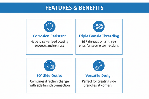 Features and benefits of G.I Fitting Side Elbow - corrosion resistant, triple female threading, 90° side outlet, versatile design