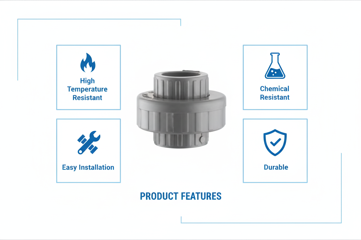 Gray CPVC Union Features - High Temperature Resistant, Chemical Resistant, Easy Installation, Durable