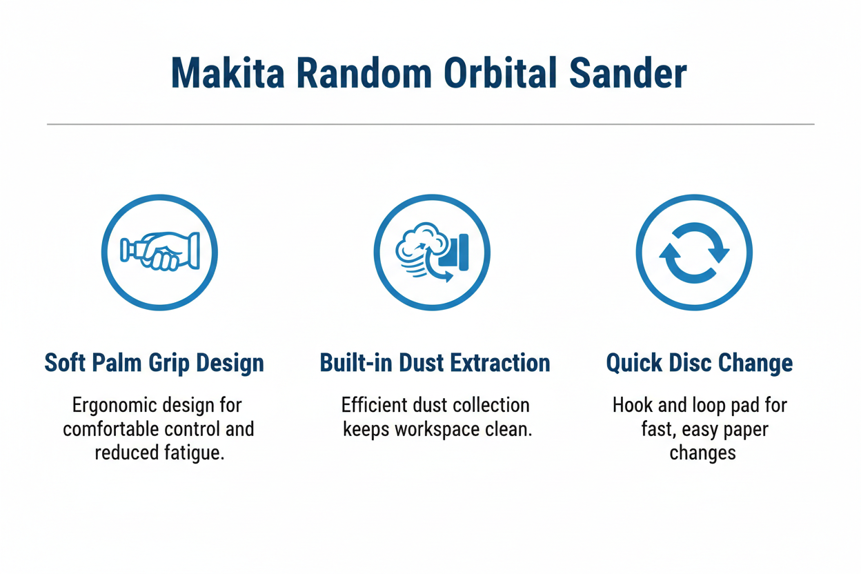 Makita Sander Features - Soft Grip, Dust Extraction