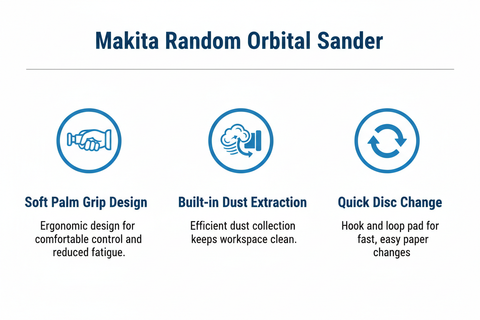 Makita Sander Features - Soft Grip, Dust Extraction