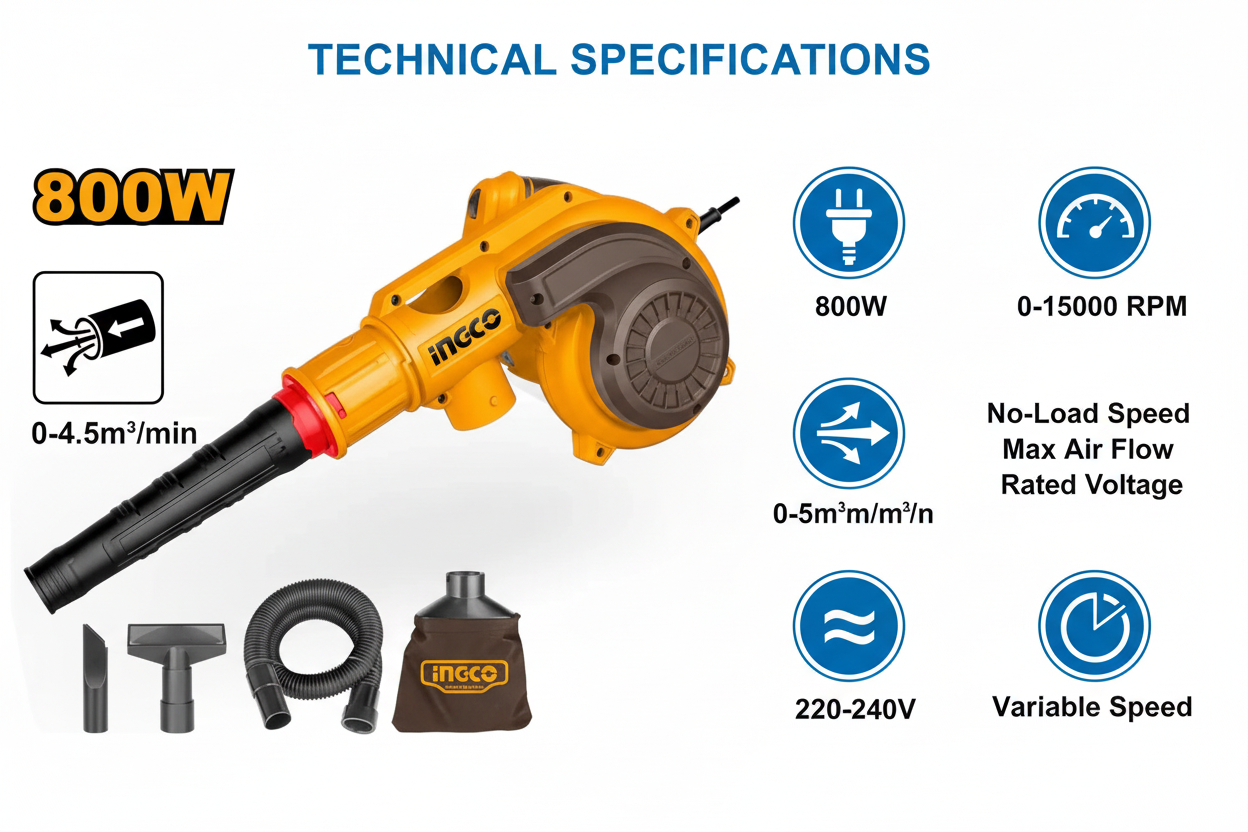 Ingco AB8038 Technical Specifications - 800W Power, 15000 RPM Speed, 4.5m³/min Airflow