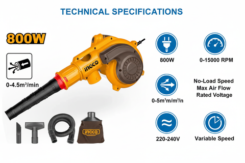 Ingco AB8038 Technical Specifications - 800W Power, 15000 RPM Speed, 4.5m³/min Airflow