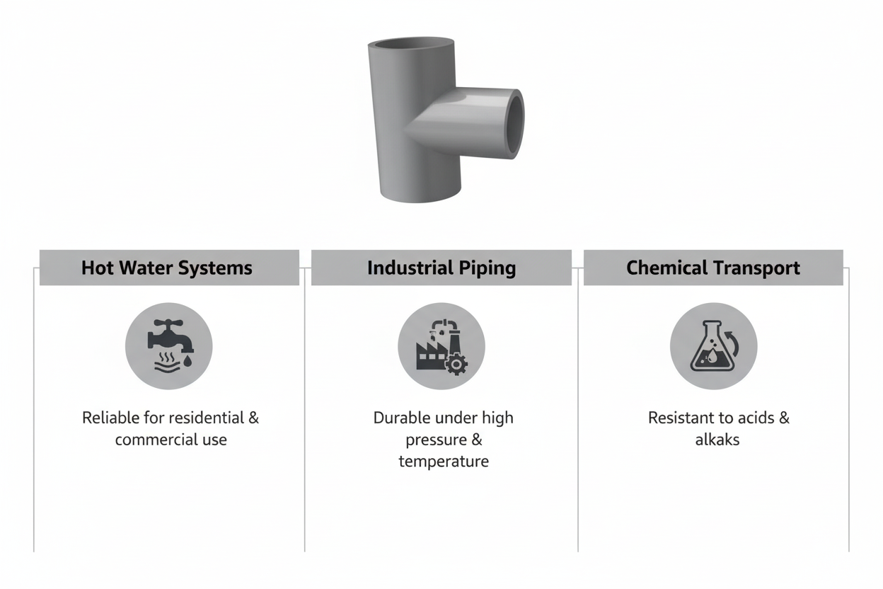 CPVC Tee Applications - Hot Water Systems, Industrial Piping, Chemical Transport