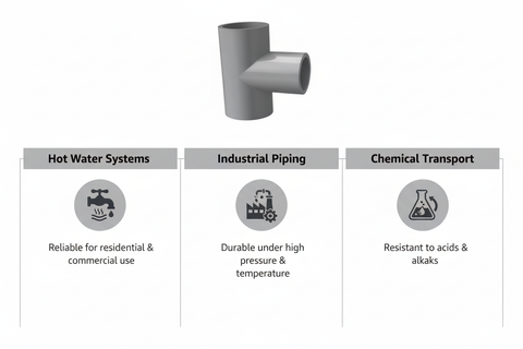 CPVC Tee Applications - Hot Water Systems, Industrial Piping, Chemical Transport