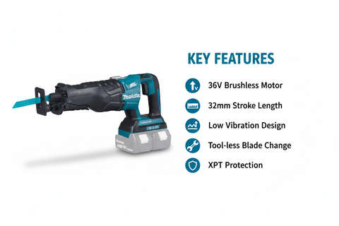Makita DJR360Z Features & Benefits - Brushless Motor, Low Vibration, XPT Protection