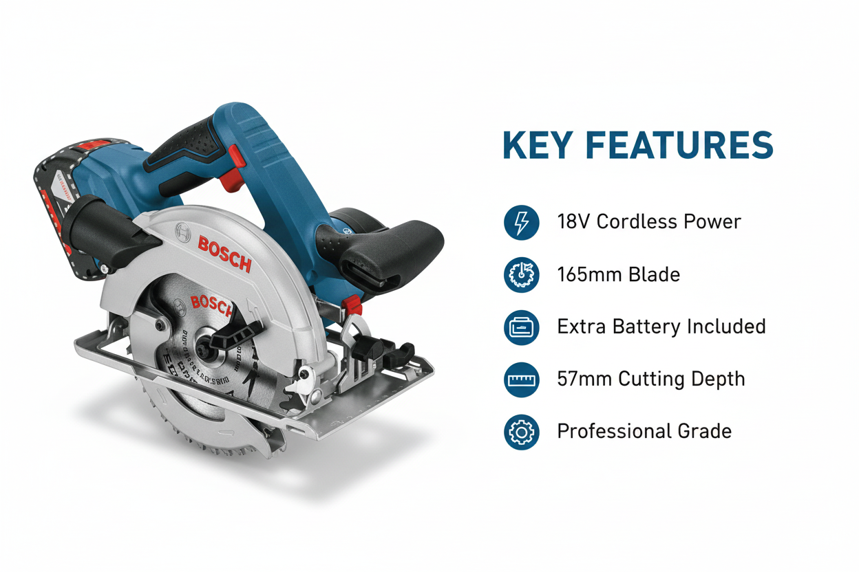 Bosch GKS18V-57 Features & Benefits - Cordless Power, Extra Battery, Guide Rail