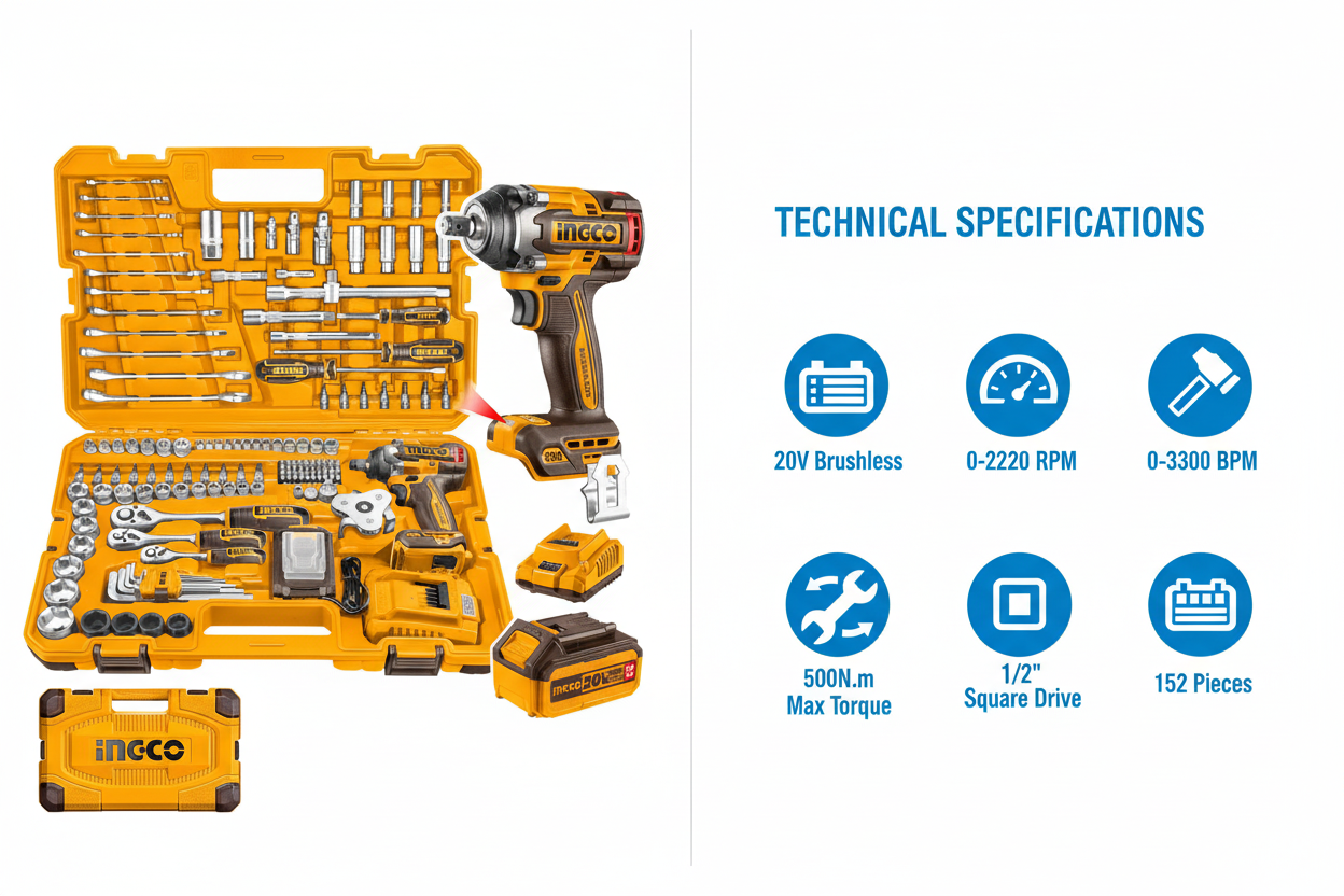 Ingco HKTHP31521 Technical Specifications - 20V Power, 500N.m Torque, 152 Pieces
