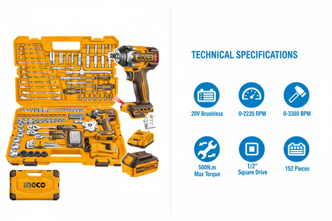 Ingco HKTHP31521 Technical Specifications - 20V Power, 500N.m Torque, 152 Pieces