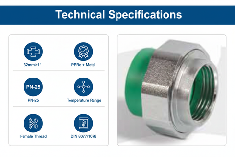 Technical specifications for union female adaptor PPRc 32mm×1" PN-25