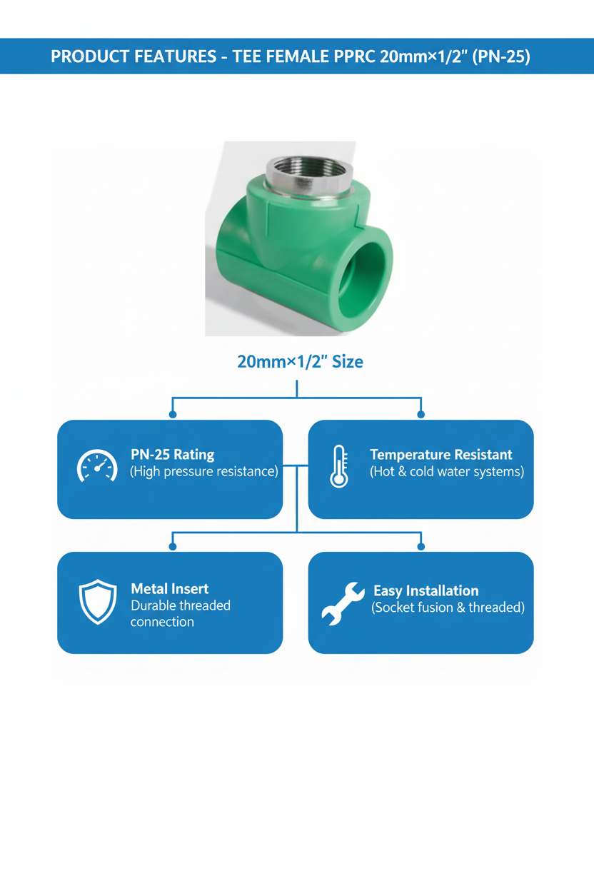 Tee Female PPRC PN-25 20mm×1/2 inch Product Features