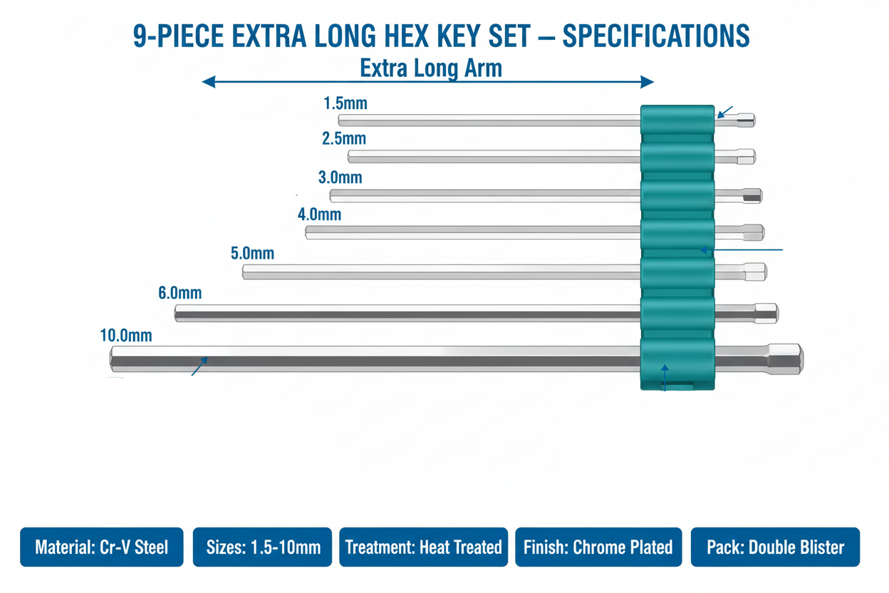 Total THT106192 Extra Long Hex Key Set Size Specifications 1.5mm to 10mm