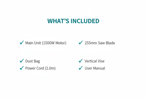 Makita M2300G Package Contents - Miter Saw, Blade, Vertical Vise, Dust Bag