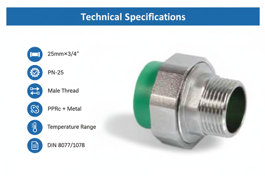 Technical specifications for union male adaptor PPRc 25mm×3/4" PN-25