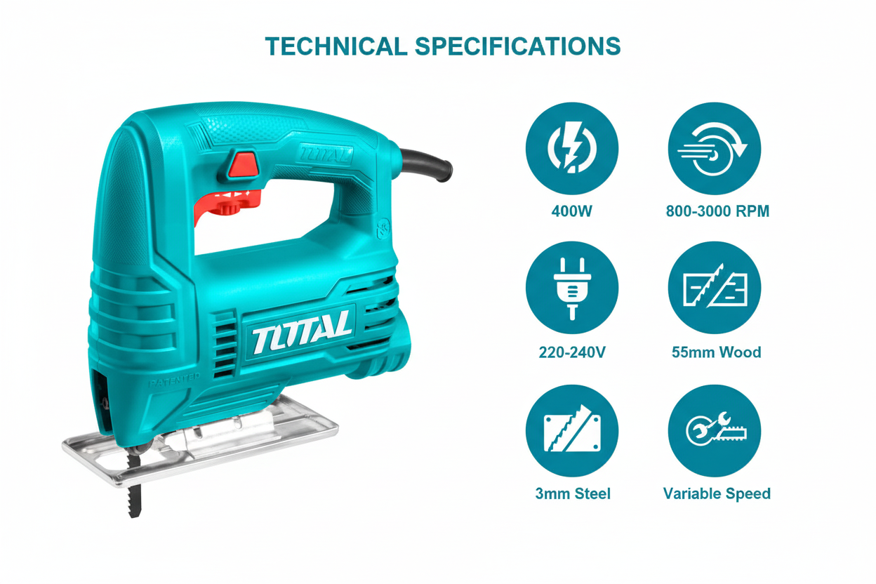Total TS2045565 Technical Specifications - 400W Power, 800-3000 RPM, 55mm Wood Cutting
