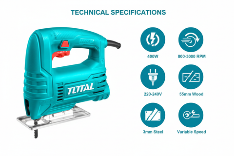 Total TS2045565 Technical Specifications - 400W Power, 800-3000 RPM, 55mm Wood Cutting
