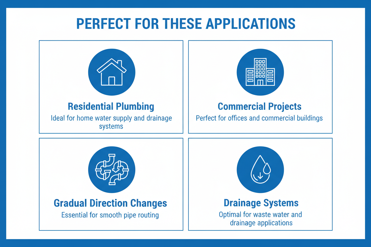 Applications for Elbow 45° G.I. Fitting - residential plumbing, commercial projects, gradual direction changes, drainage systems