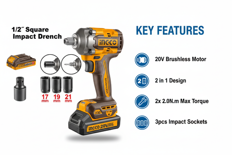 Ingco CIWLI20236 Features & Benefits - Brushless Motor, 2 Batteries, 230N.m
