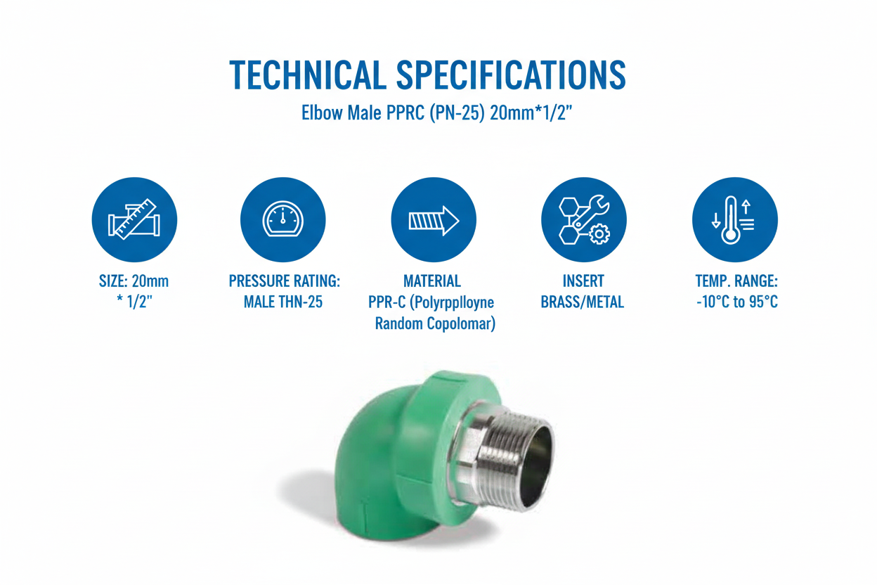 Elbow Male PPRC PN-25 20mm*1/2" Technical Specifications