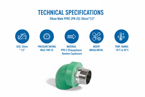 Elbow Male PPRC PN-25 20mm*1/2" Technical Specifications
