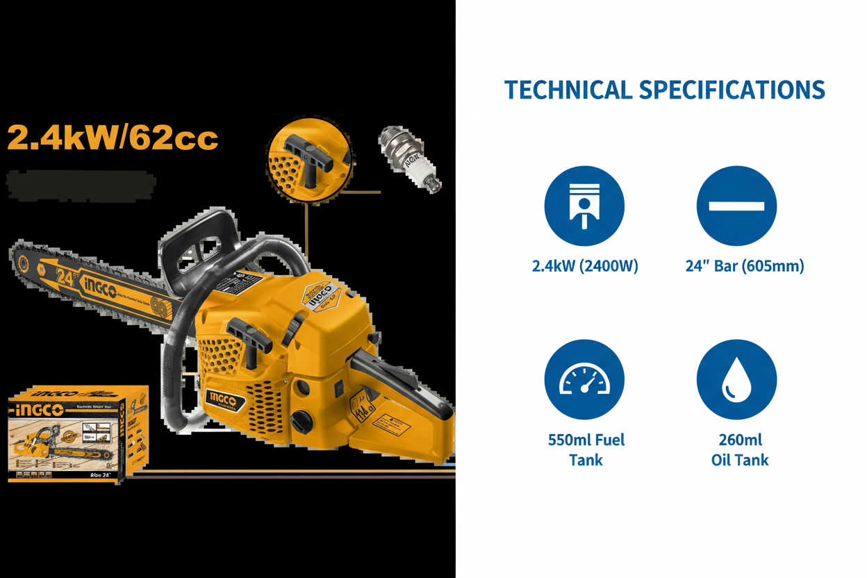 Ingco GCS5602411 Technical Specifications - 2400W Power, 62cc Engine, 24" Bar