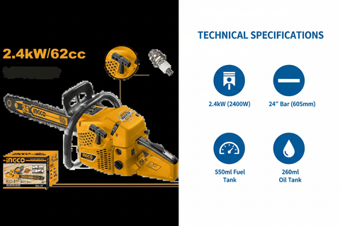 Ingco GCS5602411 Technical Specifications - 2400W Power, 62cc Engine, 24" Bar