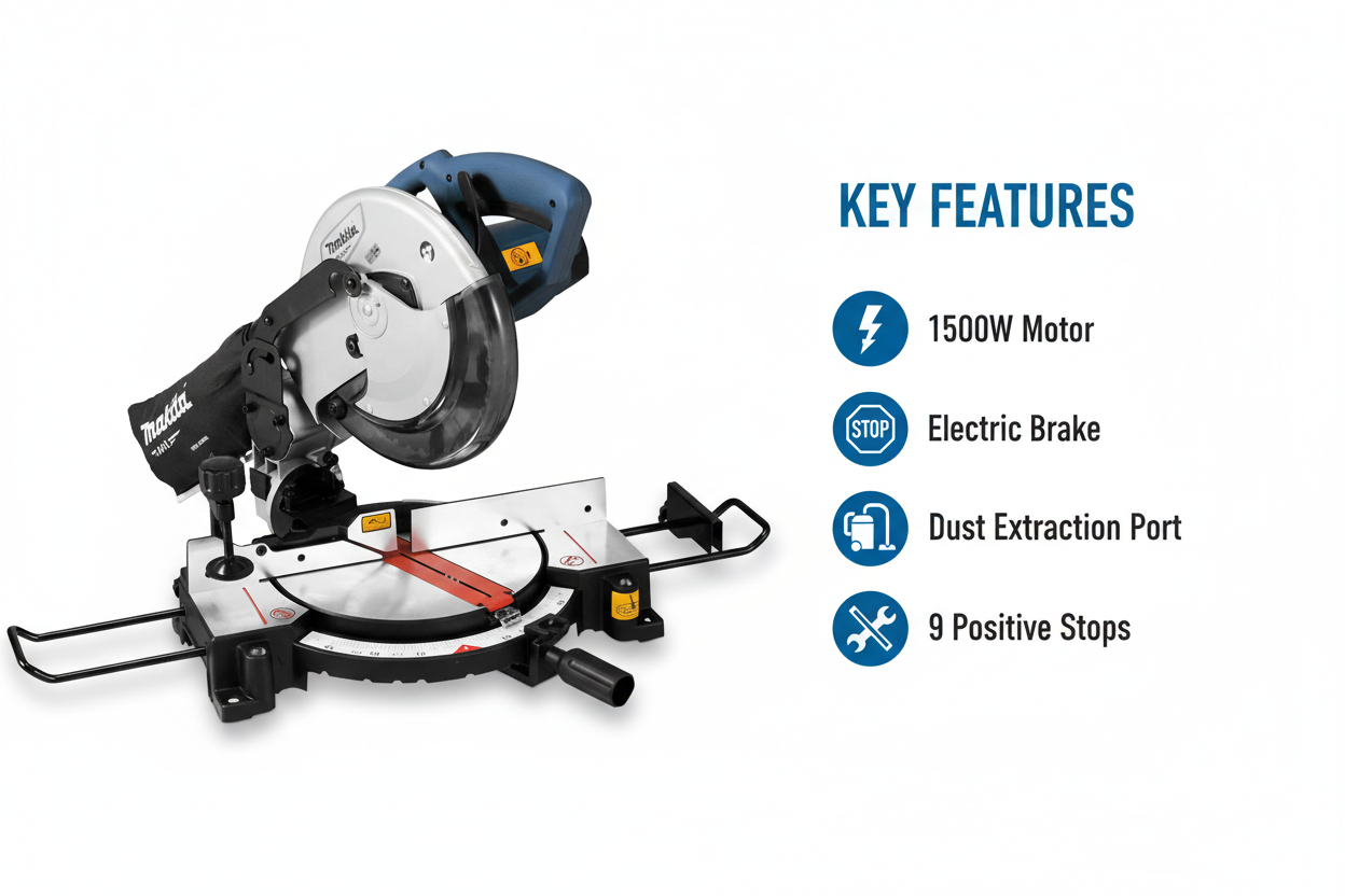 Makita M2300G Features & Benefits - Electric Brake, Dust Extraction, Vertical Vise