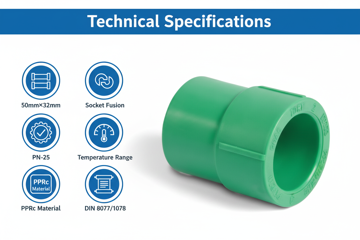 Technical specifications for reducing socket PPRc 50mm×32mm PN-25